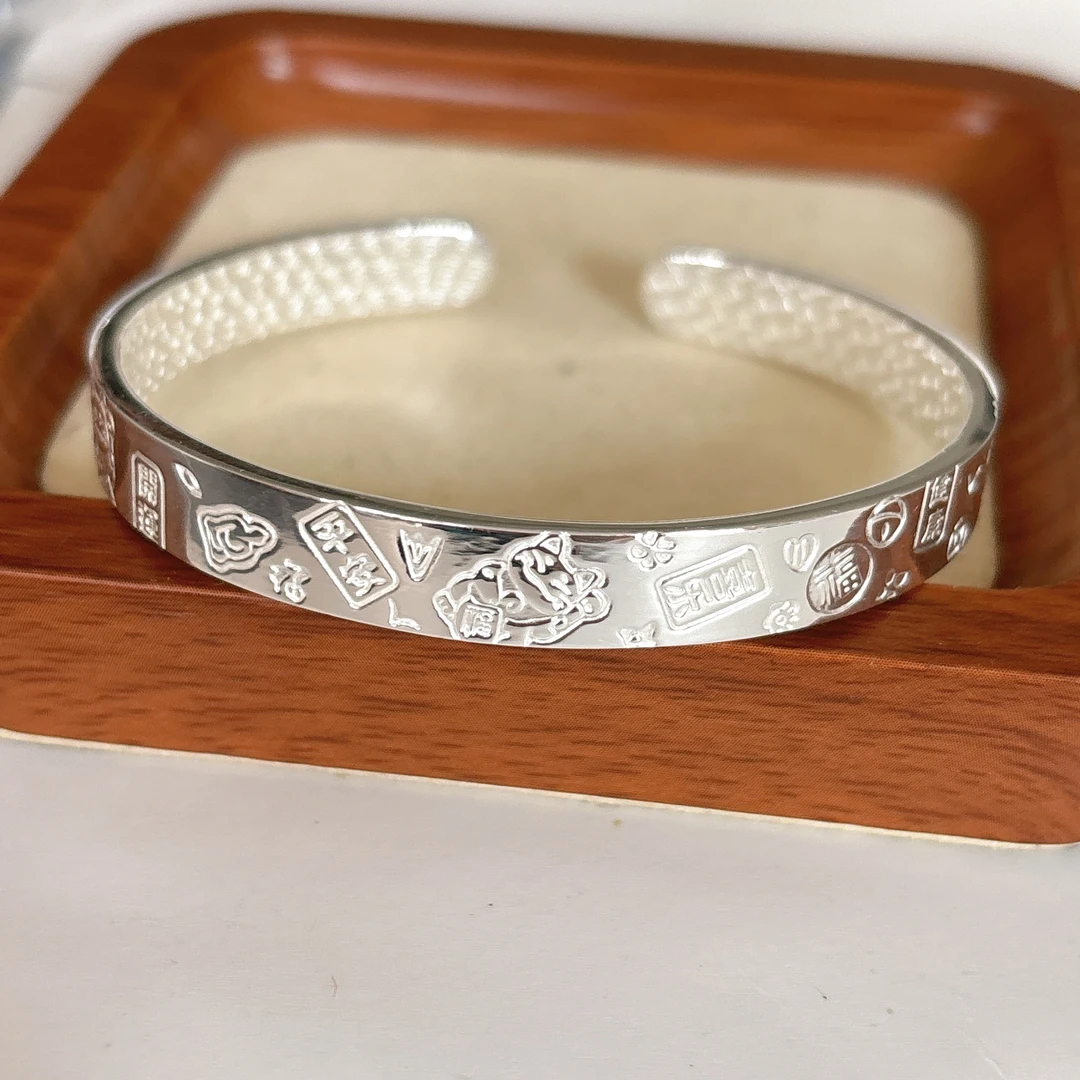 足银手镯 假一罚十 足银999.9吉言手镯实心可调节亮面时尚镯子