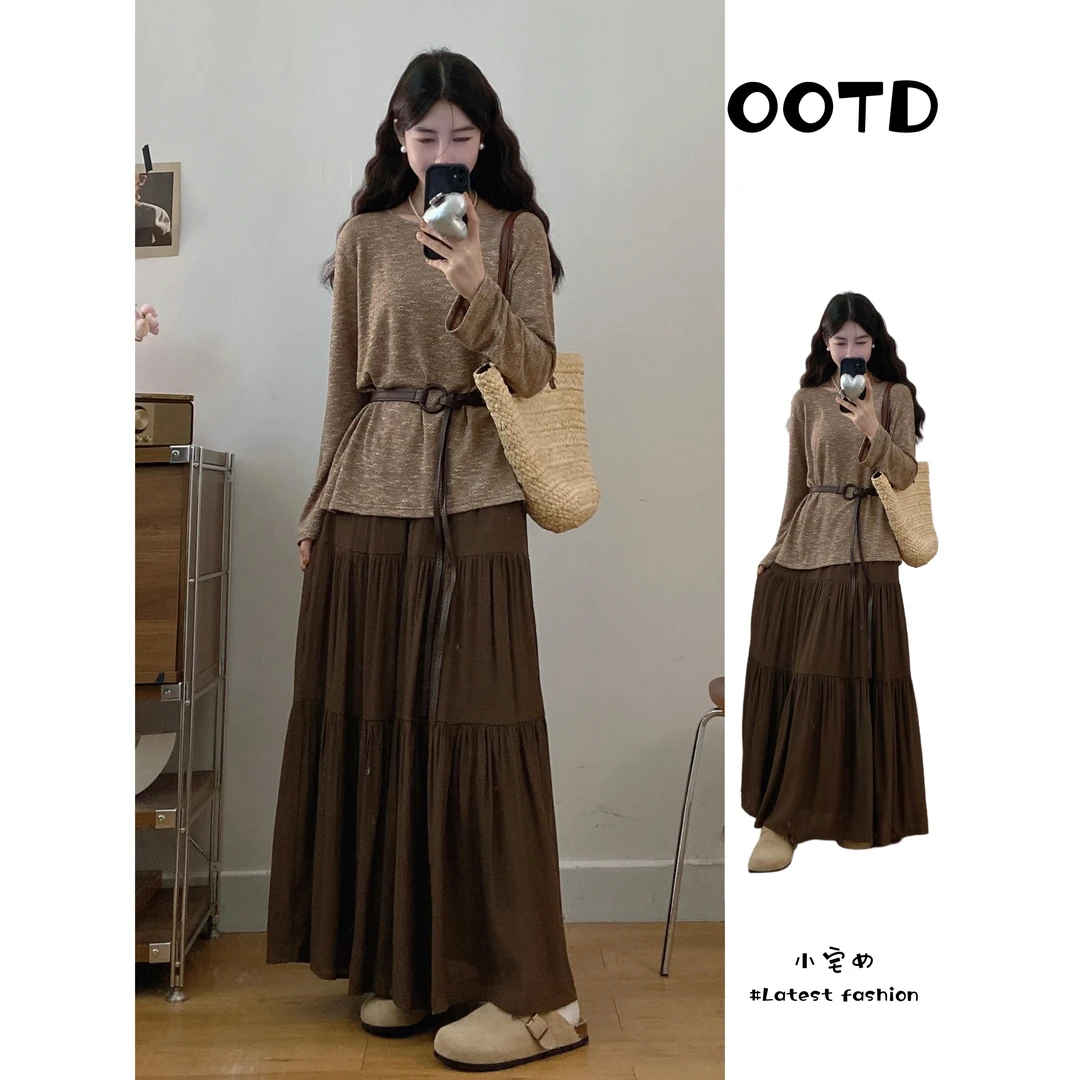 VOCKOO官方大码高级感咖色时尚裙子套装女秋季胖MM休闲收腰上衣半