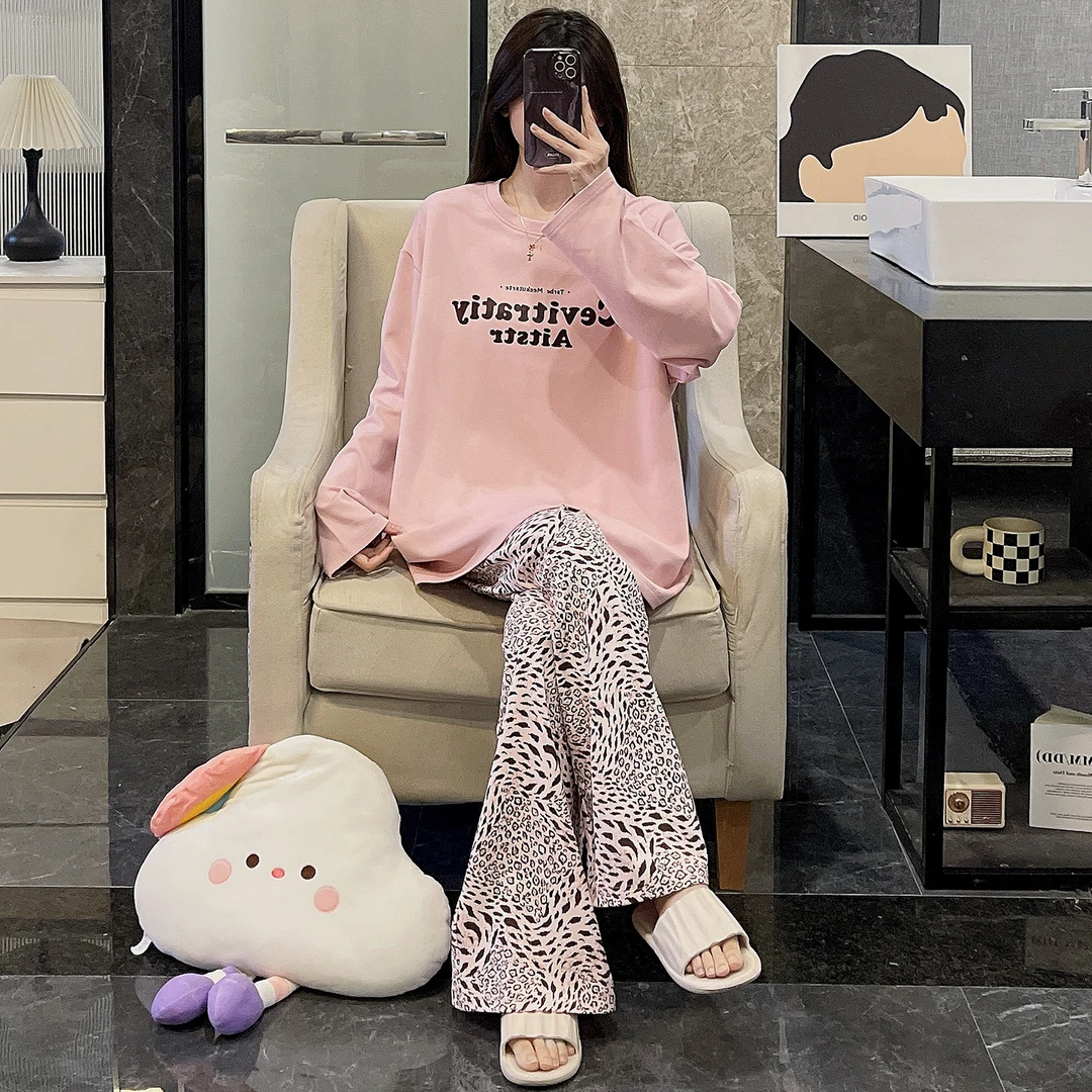 睡衣女春秋季可外穿2025新款纯棉长袖大码粉色豹纹长裤套装家居服