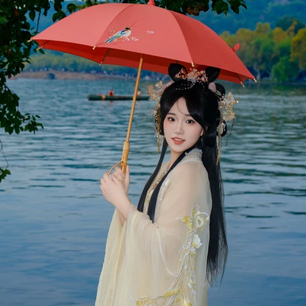 高颜值古风木制手动长柄伞棉布喜鹊刺绣竹手柄遮阳伞晴雨伞两用女