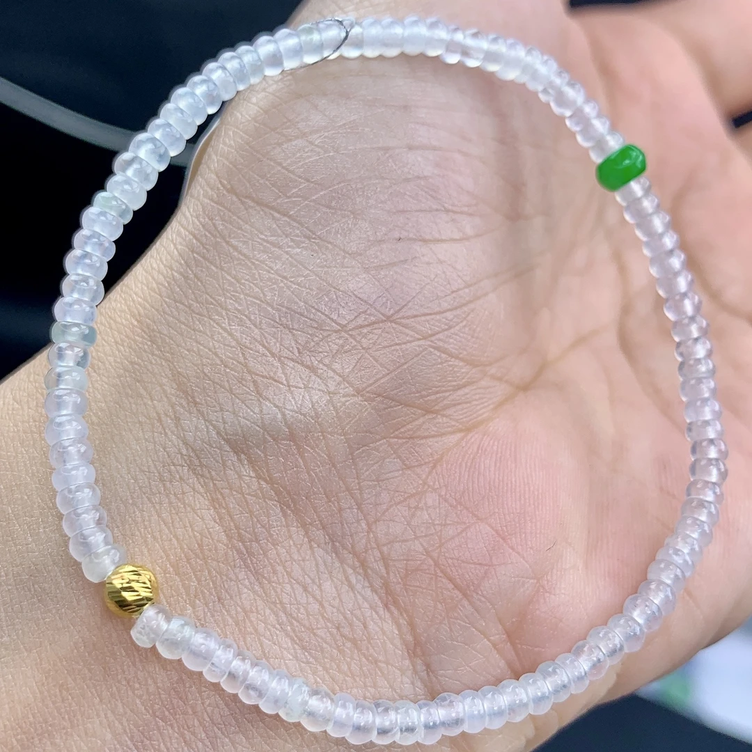 缅甸A货翡翠高冰白冰小米算盘珠手链手串单圈T卡3.4mm