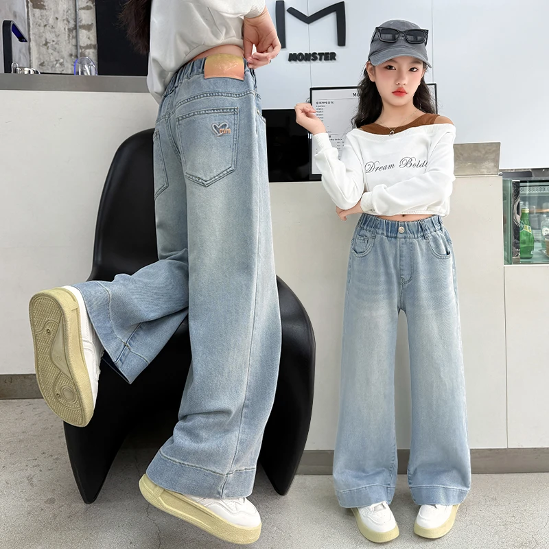 女童裤子2025春秋装洋气时髦儿童中大童刺绣牛仔裤春款薄款阔腿裤