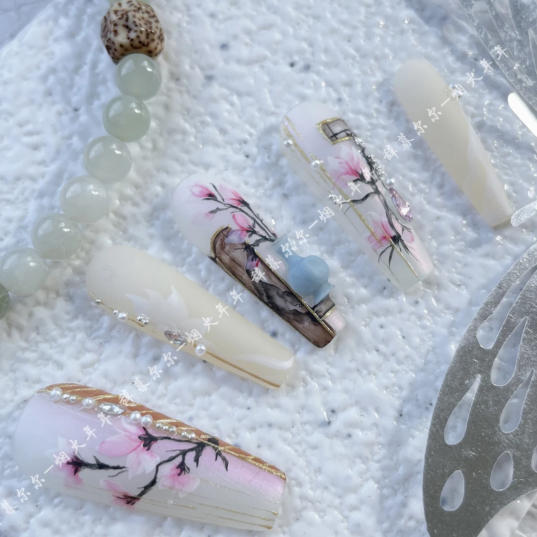 【惜双双】年年｜玉兰花绸缎新中式国风手绘纯手工穿戴甲