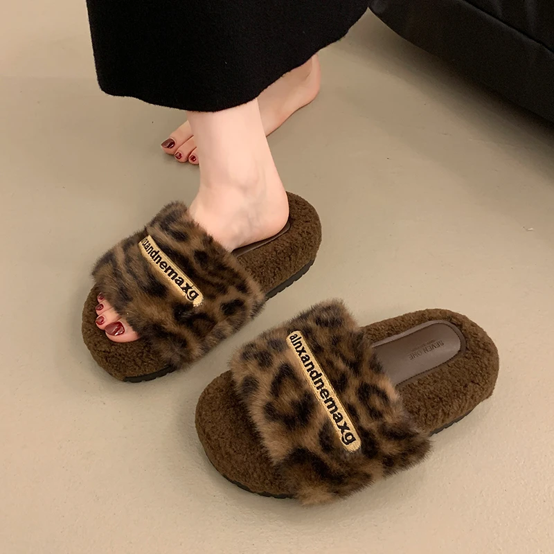 厚底毛毛拖鞋女外穿2025新款秋冬季网红韩版毛茸茸豹纹棉拖毛毛鞋