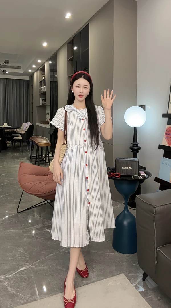 孕妇裙子2025夏季新款大码休闲蝴蝶结时尚气质甜美清新孕妇连衣裙