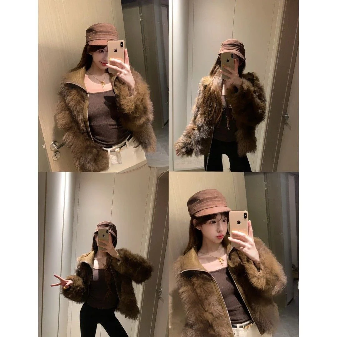 秋冬网红新款复古立领针织拼接环保毛绒拉链开衫休闲风短款外套