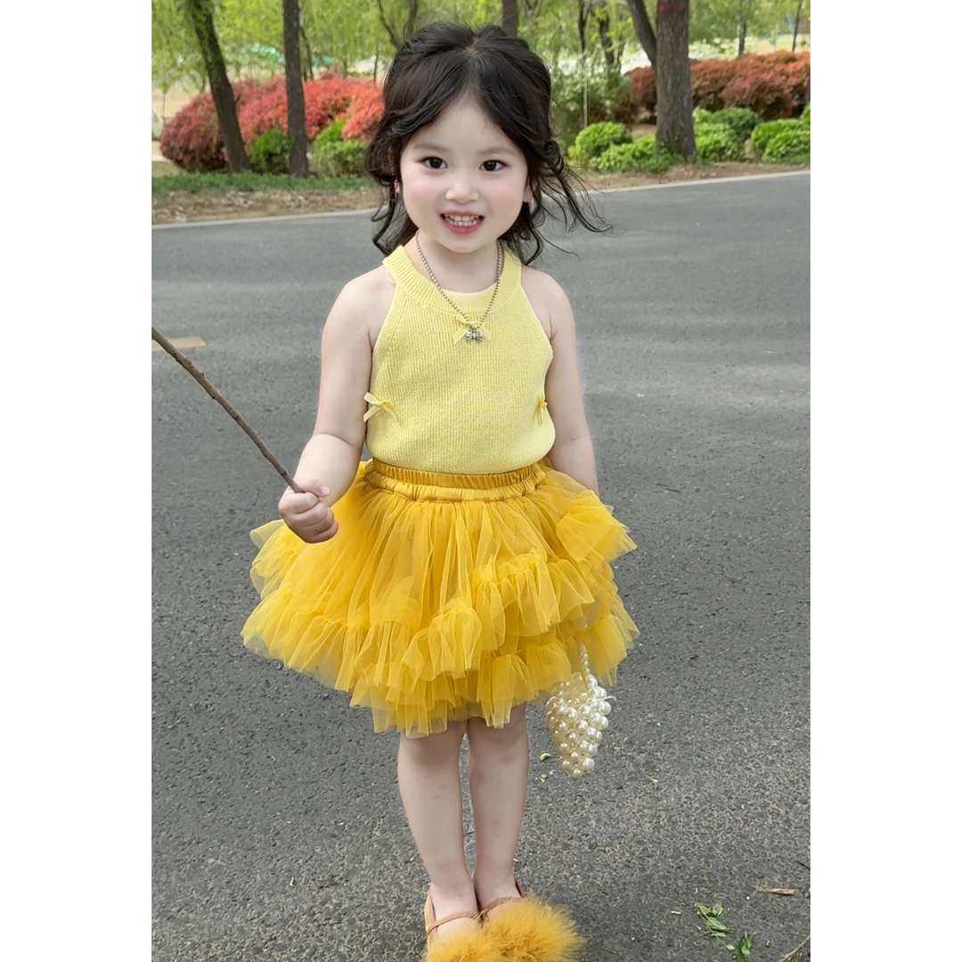 女童夏季蝴蝶结套装2025新款童装女宝宝韩版洋气冰麻吊带+纱裙