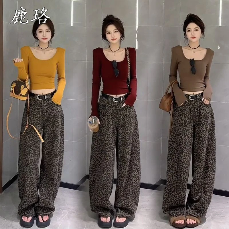 早秋搭配一整套女2025新款辣妹设计感垫肩长袖上衣豹纹裤子两件套