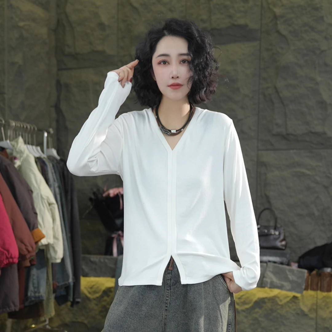 A92 春季长袖T恤女 宽松休闲简约显瘦百搭气质棉麻风透气打底