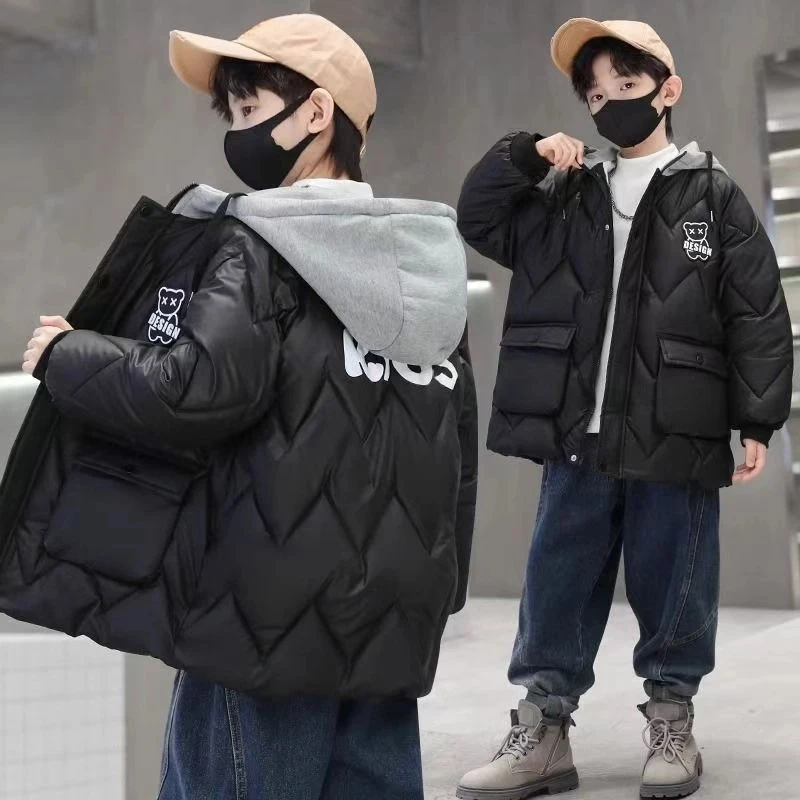 加绒韩版中长款中大童冬季童装时尚冬装外套男童棉衣圆领保暖DG