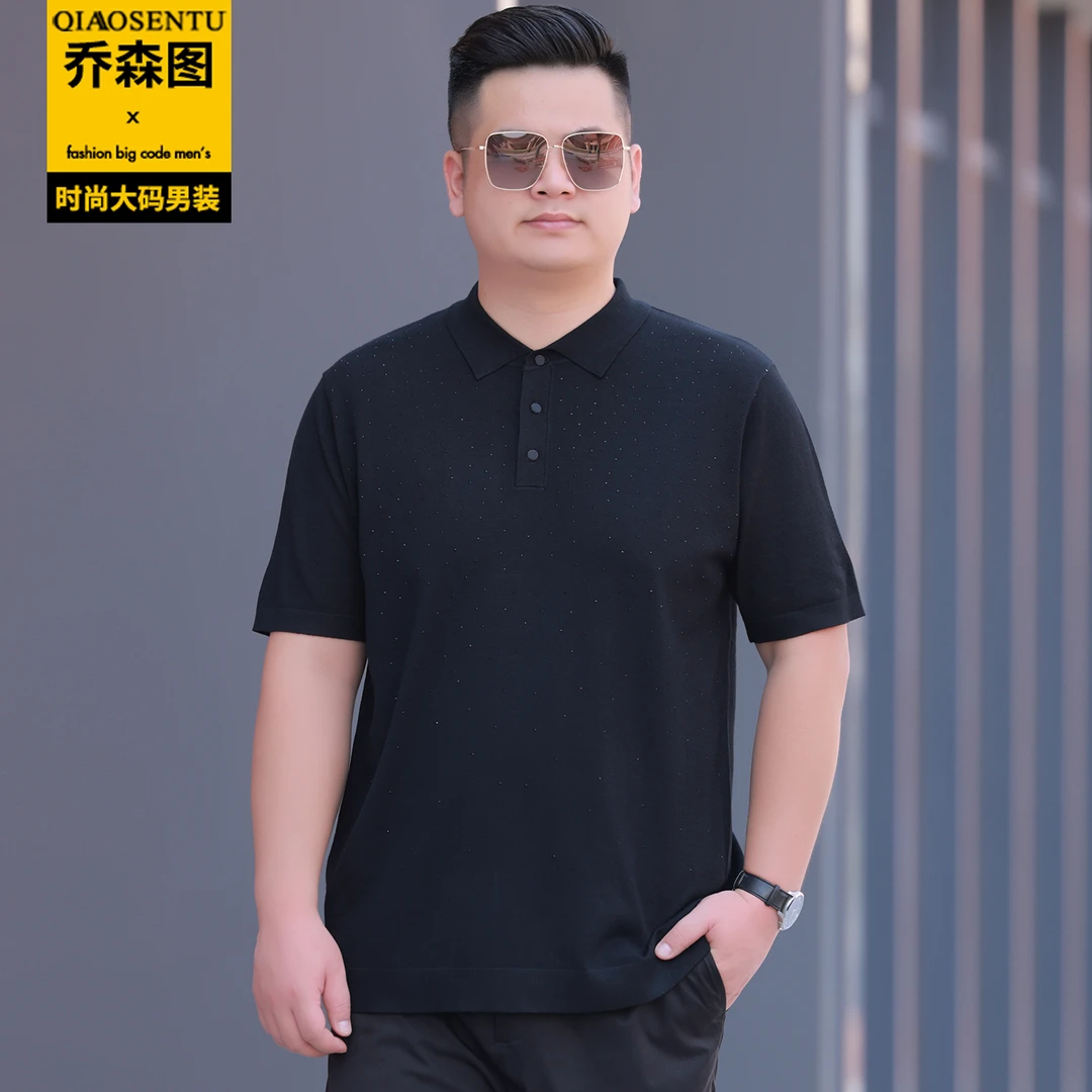 胖子男士短袖毛衣春秋加肥加大号胖子肥佬烫钻宽松翻领polo针织衫