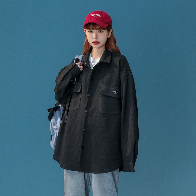 中性风华夫格工装衬衫女大码情侣衬衣女长袖衬衫女CS7754控