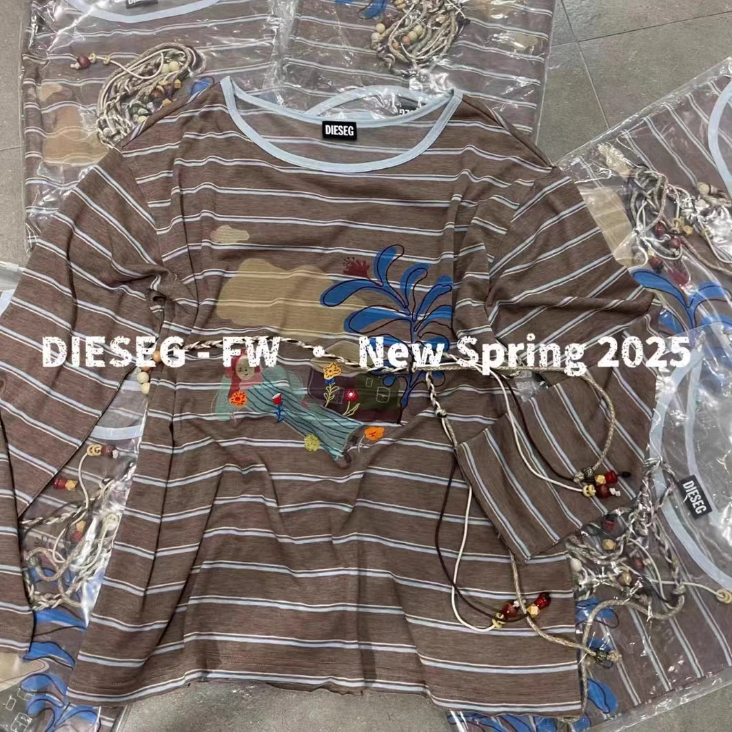 欧洲站新大G家2025秋季新品美女房子图条纹珠珠挂绳T恤潮牌上衣女