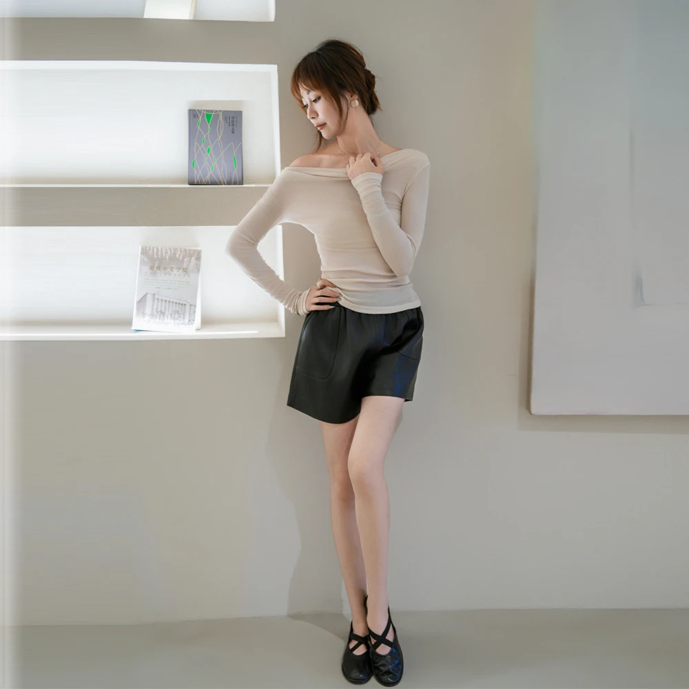 2025秋季新款海宁纯皮短裤女松紧高腰显瘦打底裤百搭休闲裤