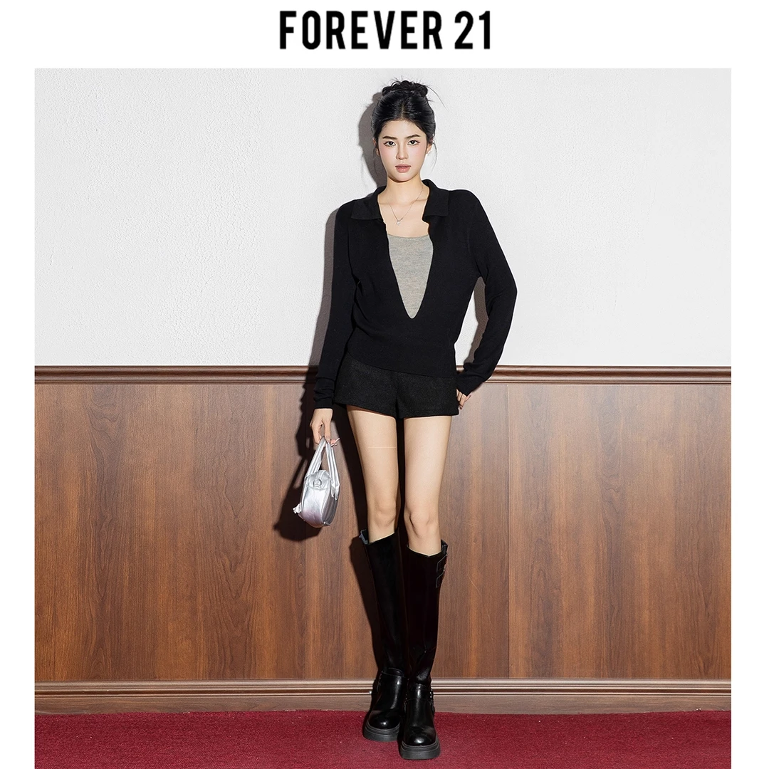 Forever 21假两件黑色翻领长袖针织衫女秋季新款设计感小众上衣