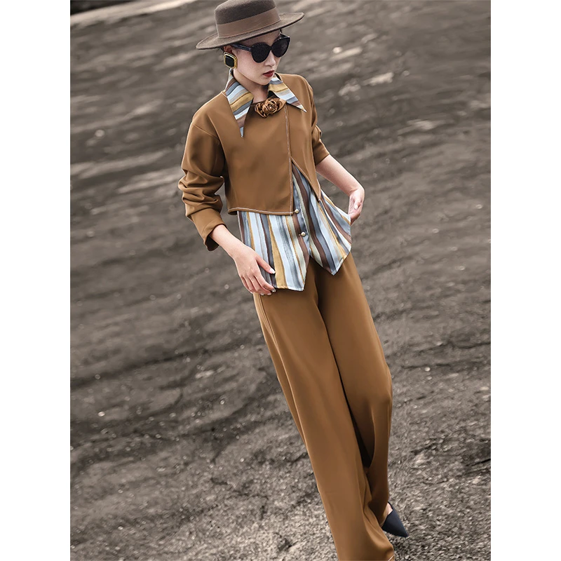 MEXCOCO/兰瑟儿新款气质时尚印花衬衫显瘦阔腿裤3件套装M4WO0554