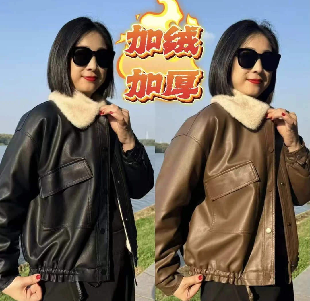 拉链长袖常规厚款冬季PU水洗皮衣秋冬时尚女士