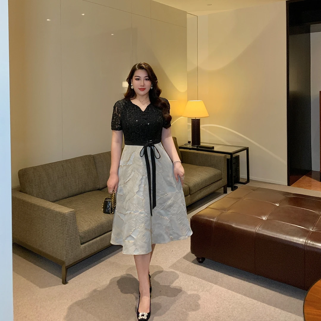 GLEC大码女装夏装2025新款轻奢高级感名媛御姐风假两件系带连衣裙