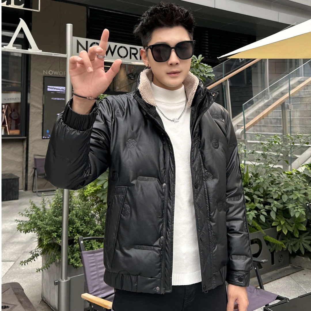 荔枝纹皮衣羽绒服男50绒短款羊羔绒毛领夹克保暖潮流上衣