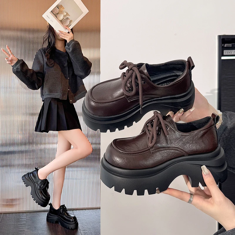 【退货补运费】厚底系带小皮鞋百搭乐福鞋轻便增高单鞋女黑色皮鞋潮