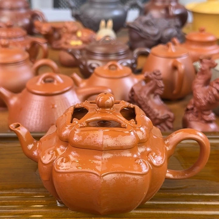 紫砂茶壶筋纹朱泥宫灯200毫升