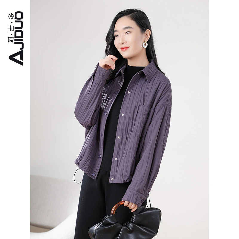 阿吉多紫色外套女2025年春季新款盐缩肌理感大码妈妈高级短款上衣