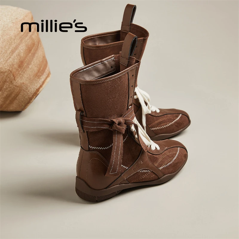 妙丽内增高德训靴女2025秋季新款系带拳击靴户外工装靴马丁靴短靴