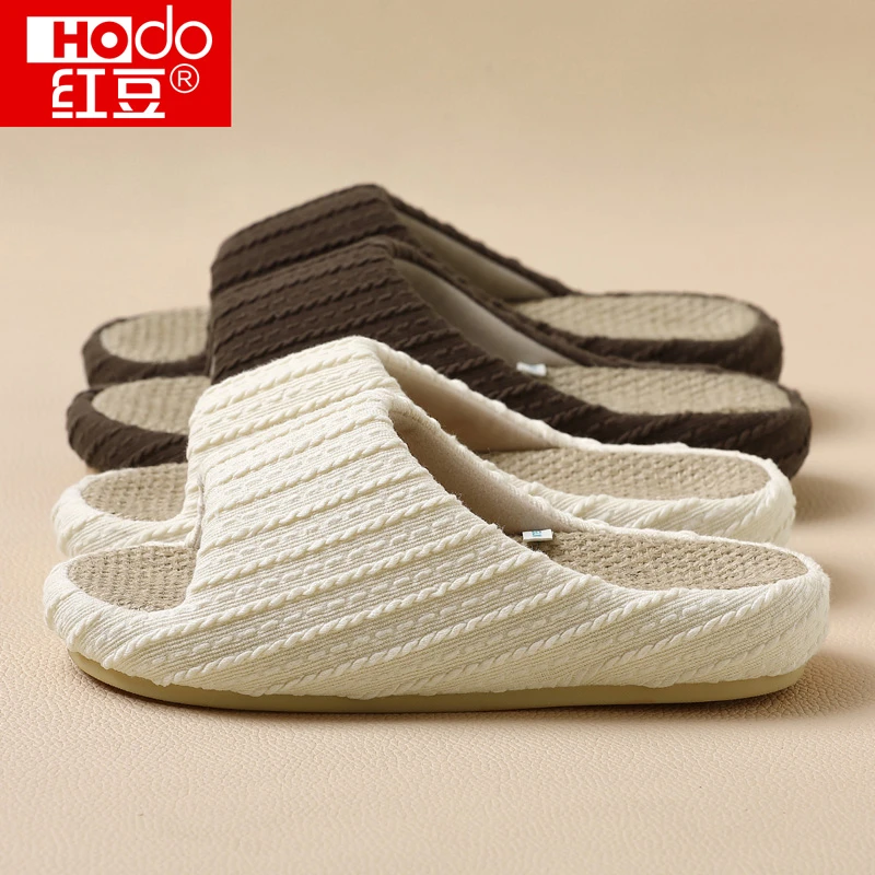 红豆针织透气四季亚麻拖鞋女家居室内防滑防臭日式静音木地板春秋