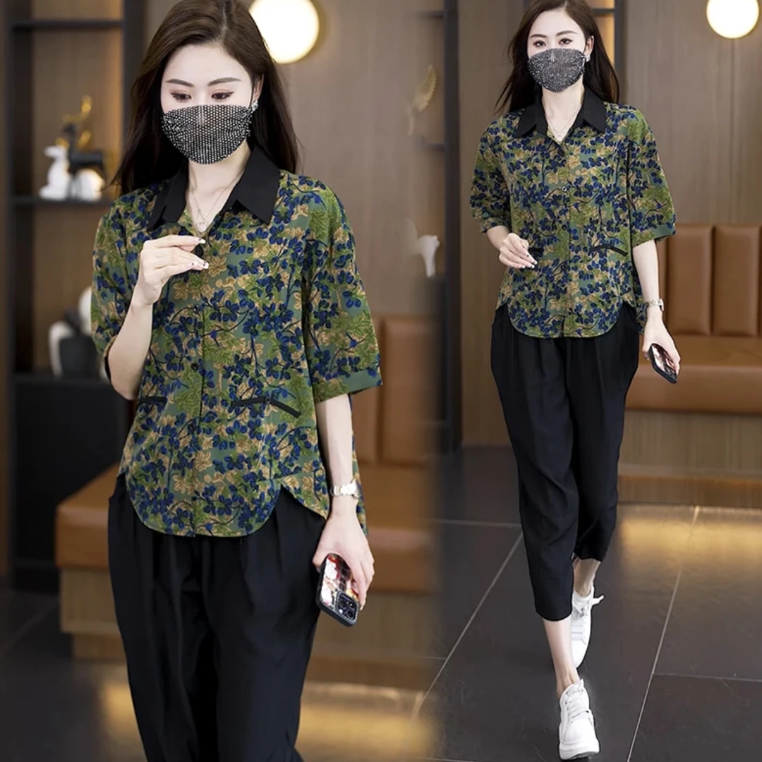 8652-夏季新款洋气大码女装套装时尚宽松显瘦哈伦裤两件套【慕雨】