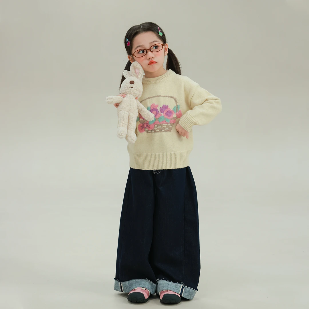 utouto大耳象女童花篮提花套头毛衣2025冬季新款休闲上衣2591022