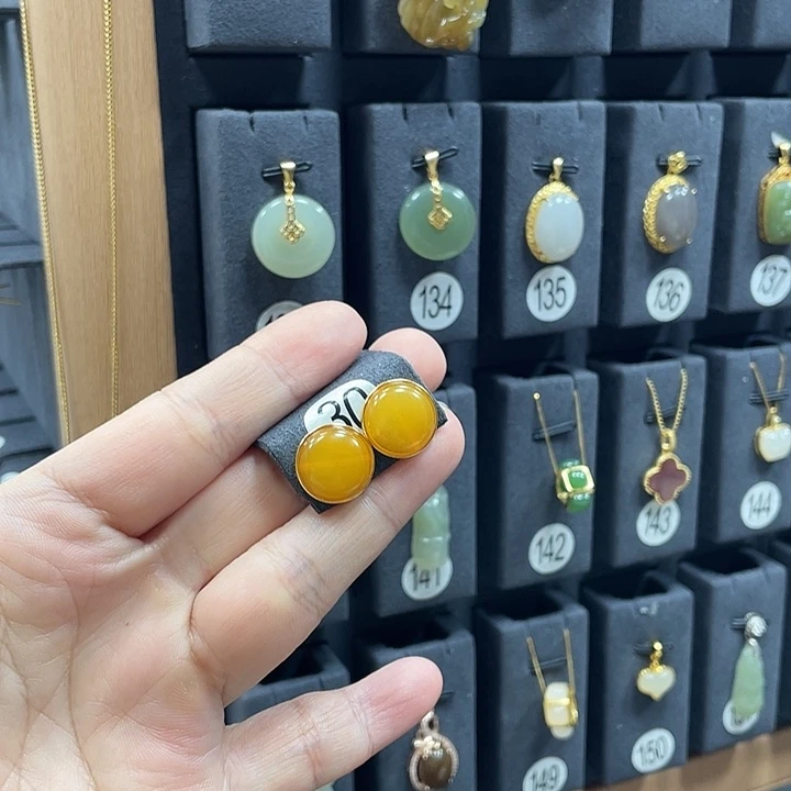 蜜蜡银S925镀金镶嵌耳饰