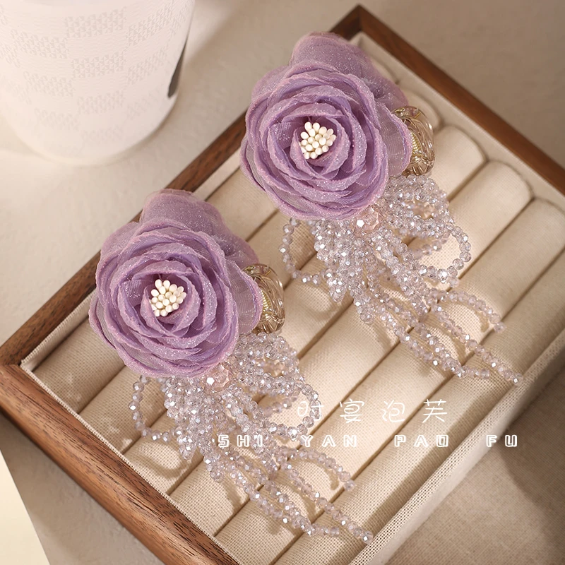 云深雾浅仙气网纱花朵丸子夹流苏抓夹温柔风发夹紫色女头饰