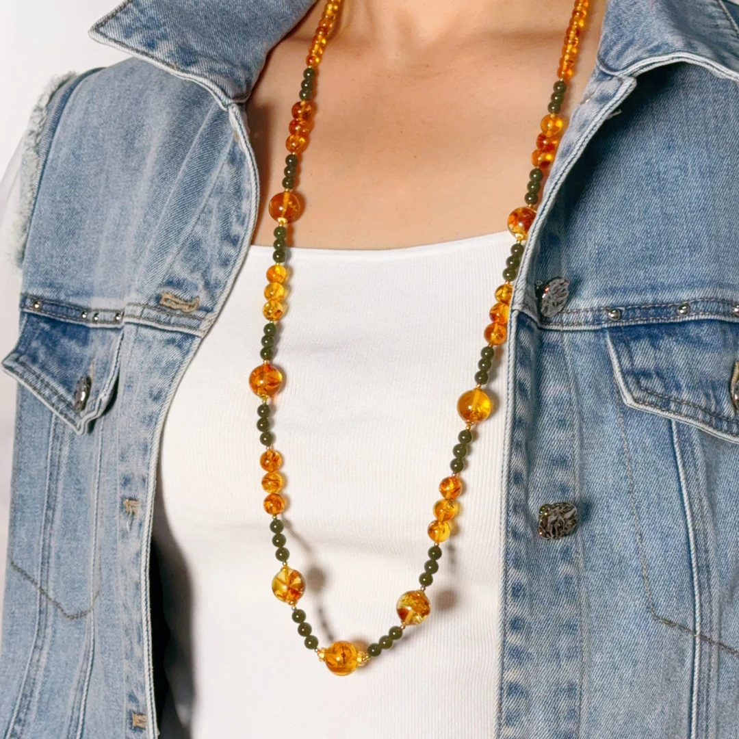 天然俄罗斯花珀设计款项链6MM-14MM和田玉中长款复古时尚设计链