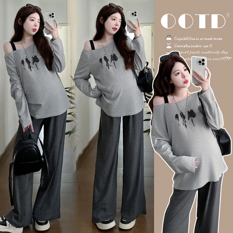 孕妇装秋装2025新款秋冬外穿洋气时尚露肩印花上衣条纹托腹裤子女