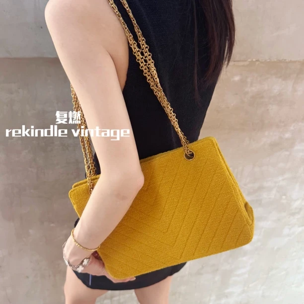 95新 Chanel/香奈儿 复燃精选/黄色秀款毛呢2.55链条子母包