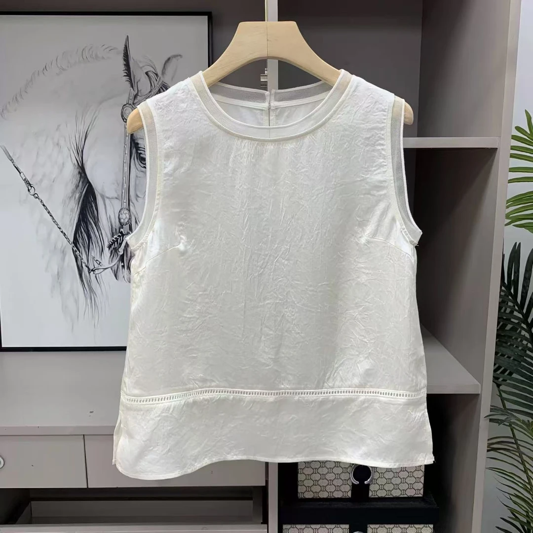 夏日经典醋酸无袖设计感拼接纯色简约圆领上衣