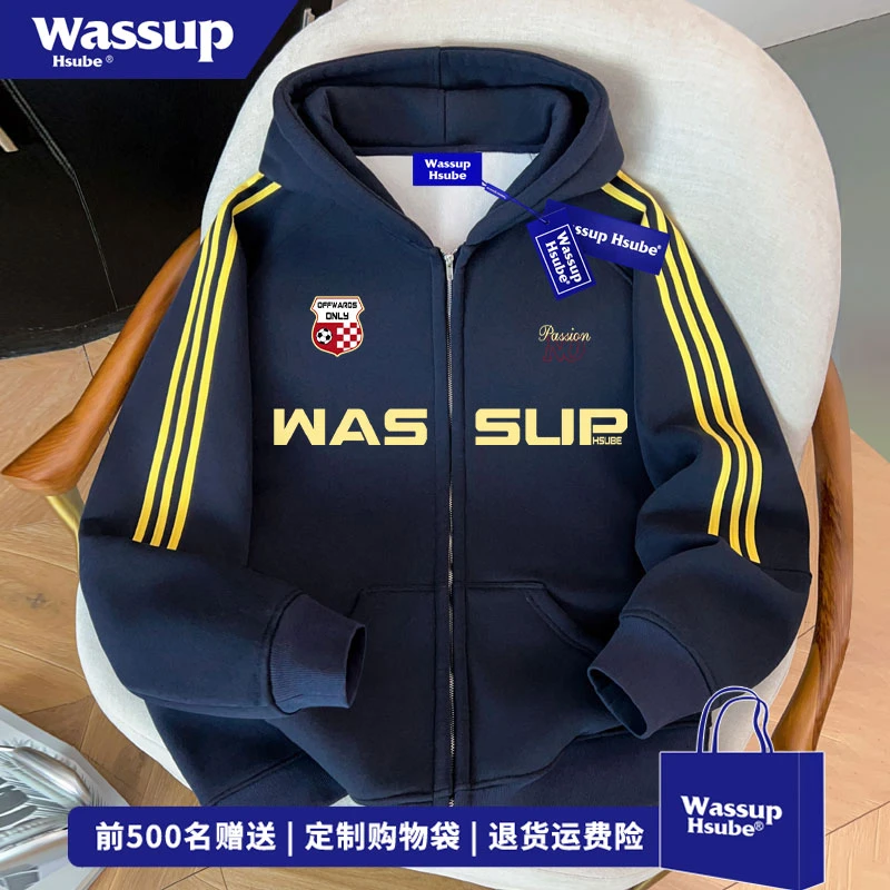 WASSUP HSUBE 潮牌美式字母印花开衫卫衣秋冬季复古风三条杠外套