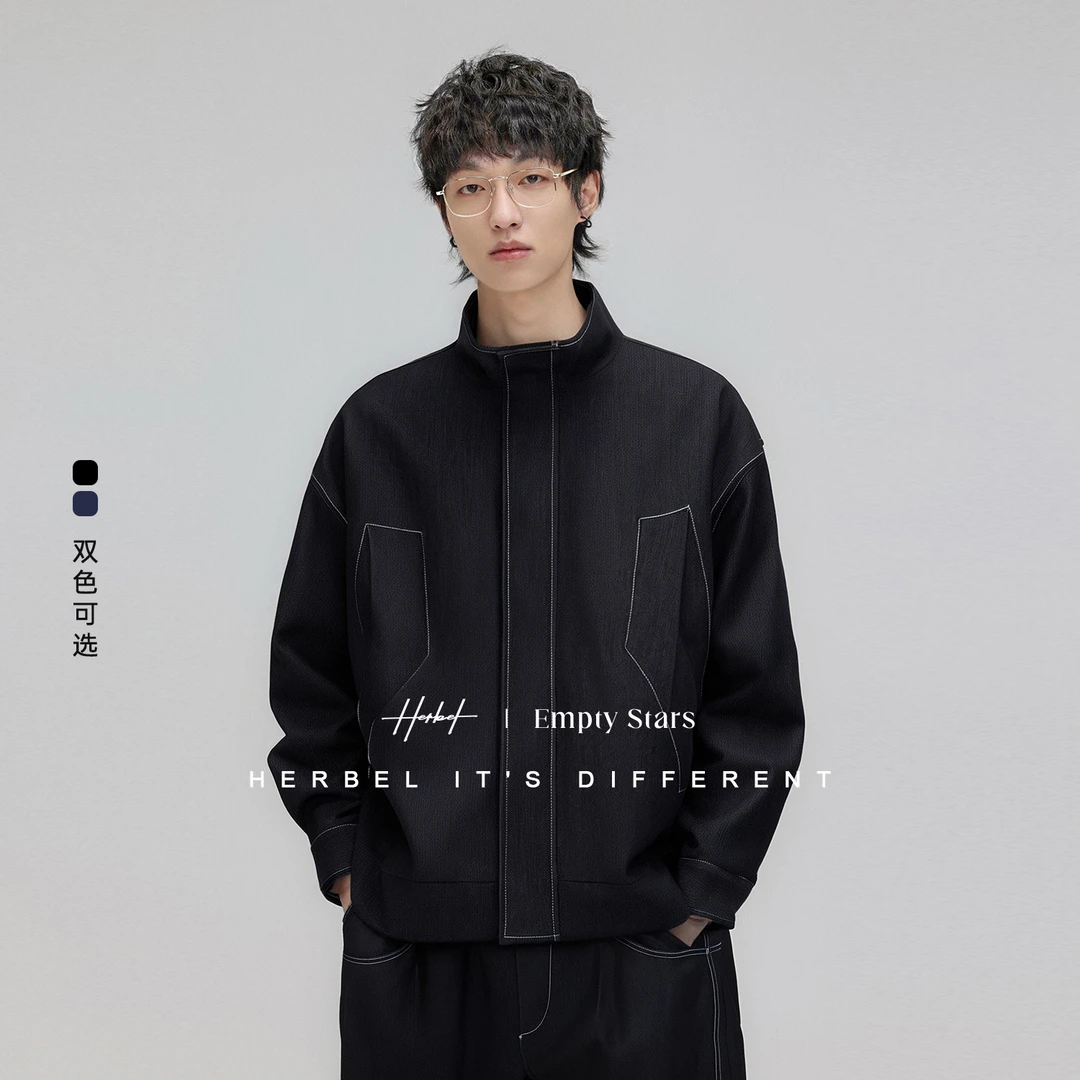 HERBEL/黑白2025春季户外时尚牛仔外套潮流百搭牛仔夹克牛仔裤男