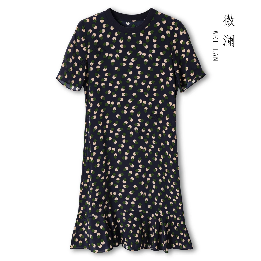 藏青底色印花桑蚕丝夏季女2025连衣裙真丝短袖2023-061