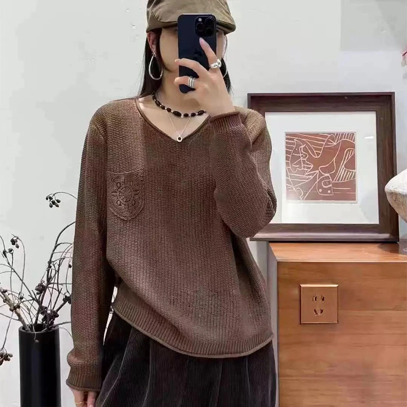 复古V领针织套头毛衣女文艺大码显瘦百搭打底衫