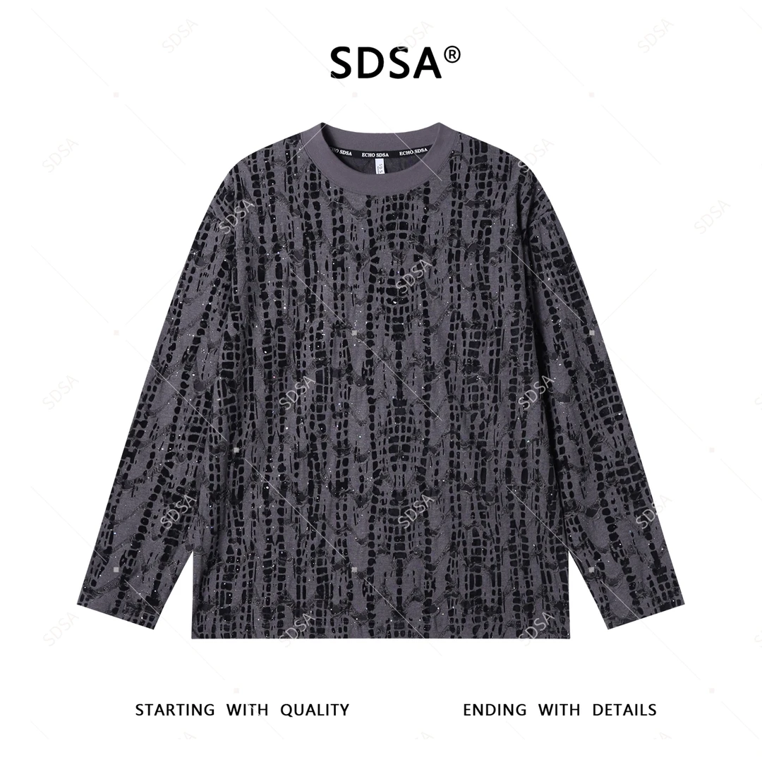 SDSA男士秋冬新款轻奢痞帅男装磨破植绒满天星圆领长袖T恤时尚潮