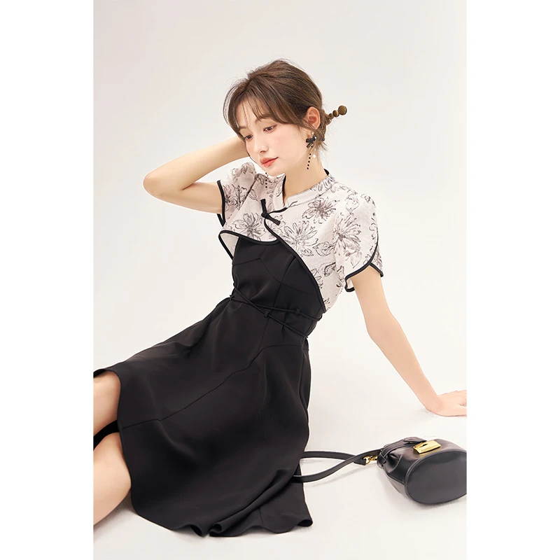 谜秀黑色吊带连衣裙女2023复古新中式改良连衣裙蕾丝套装短袖显瘦