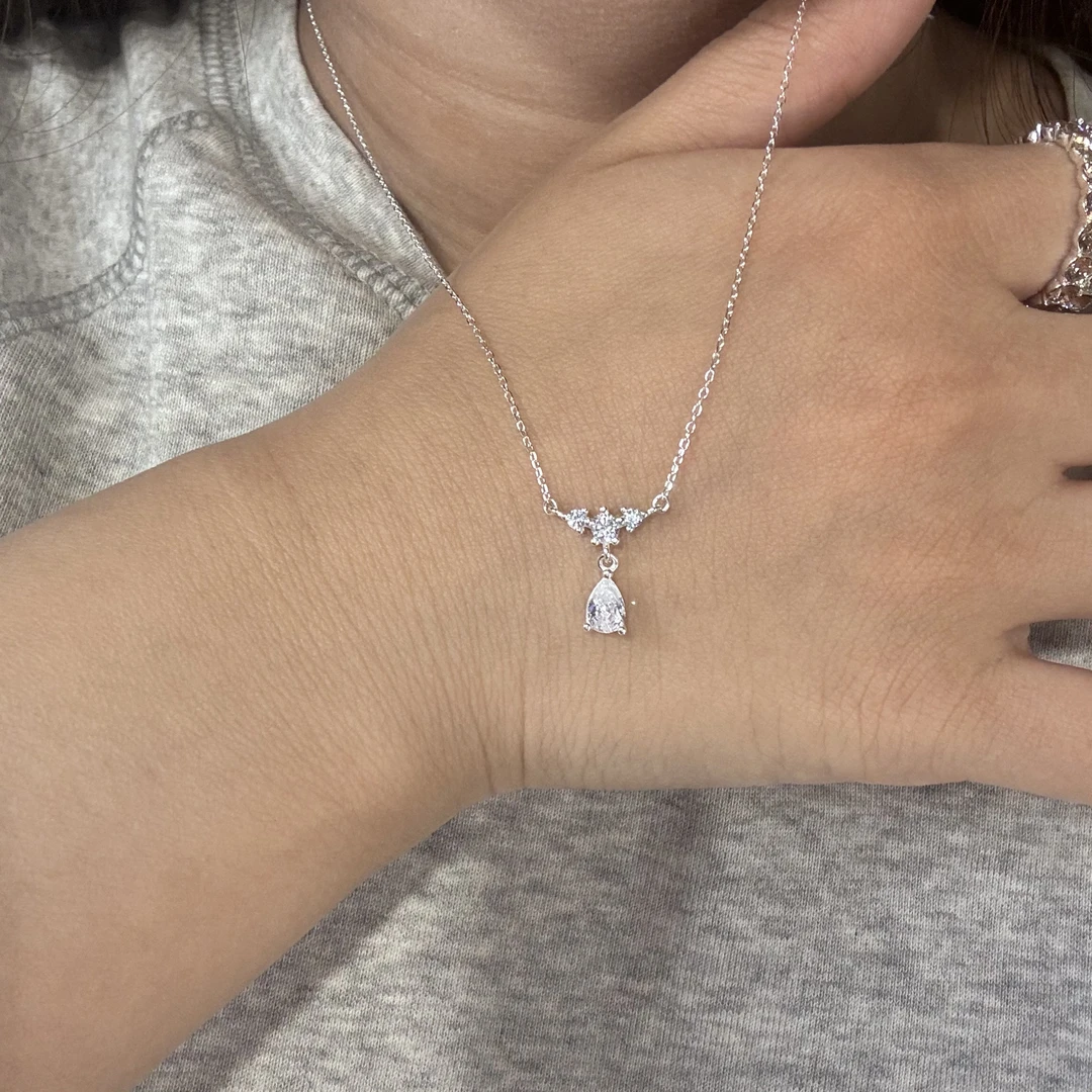 坠链均925银合成锆石 韩国 通体s925银 水滴项链