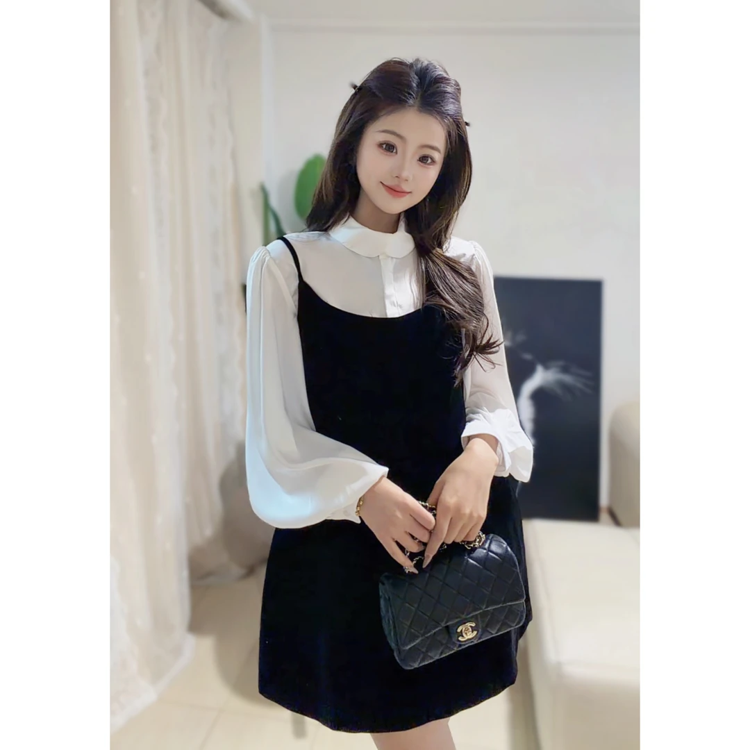 法式千金风灯笼袖衬衫/吊带丝绒裙套装Y1012