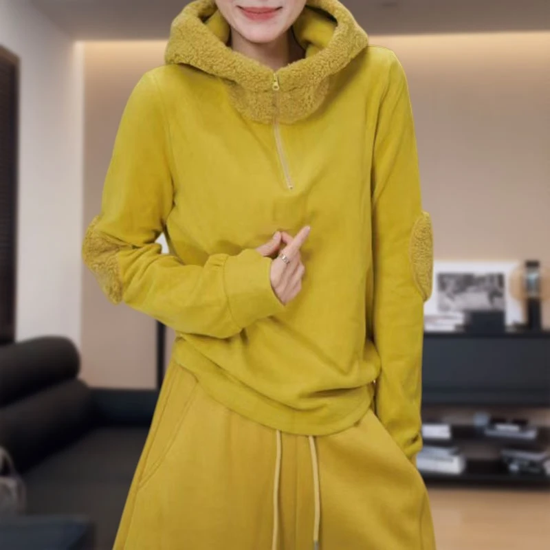 复古洋气拼接纯色连帽卫衣女秋冬新款松弛感大码减龄保暖舒适上衣