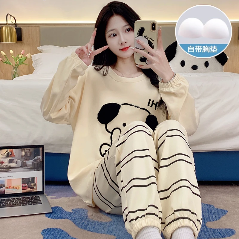 带胸垫睡衣女款长袖春秋季甜美卡通两件套装新款可外穿圆领家居服
