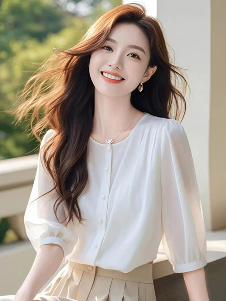 夏季七分袖法式独特别致轻熟衬衫显瘦宽松时尚雪纺衫女上衣韩版