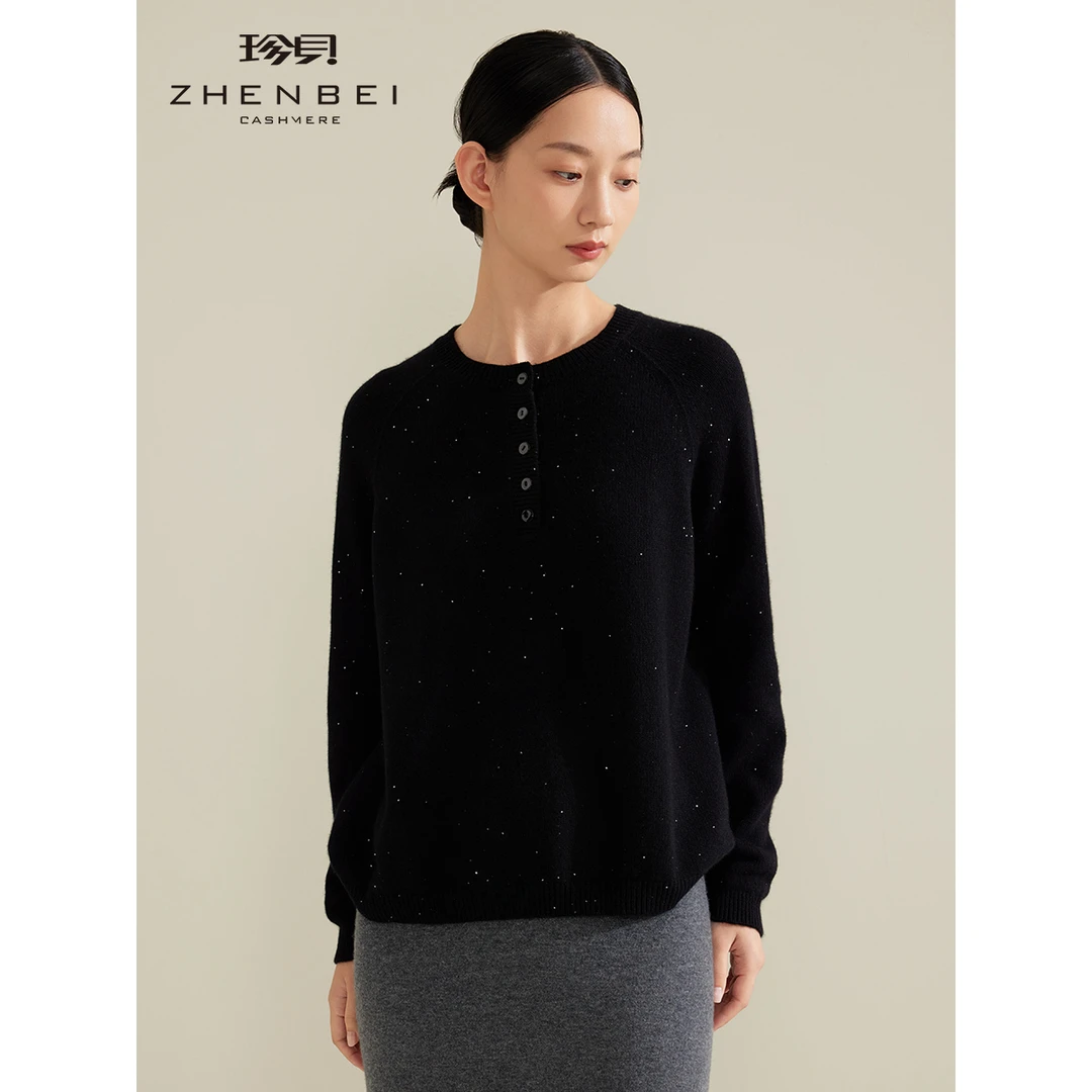 ZB/珍贝2024冬季新款时尚亮片针织羊绒衫女圆领套头上衣宽松31216