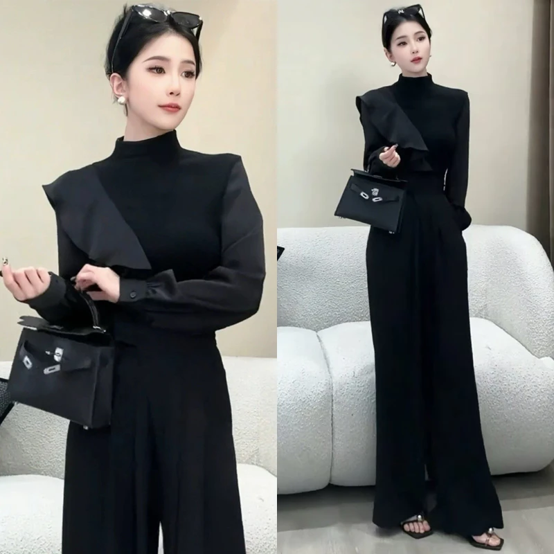 2025秋季新款时尚半高领长袖上衣女高腰百搭魔术贴西装裤气质套装