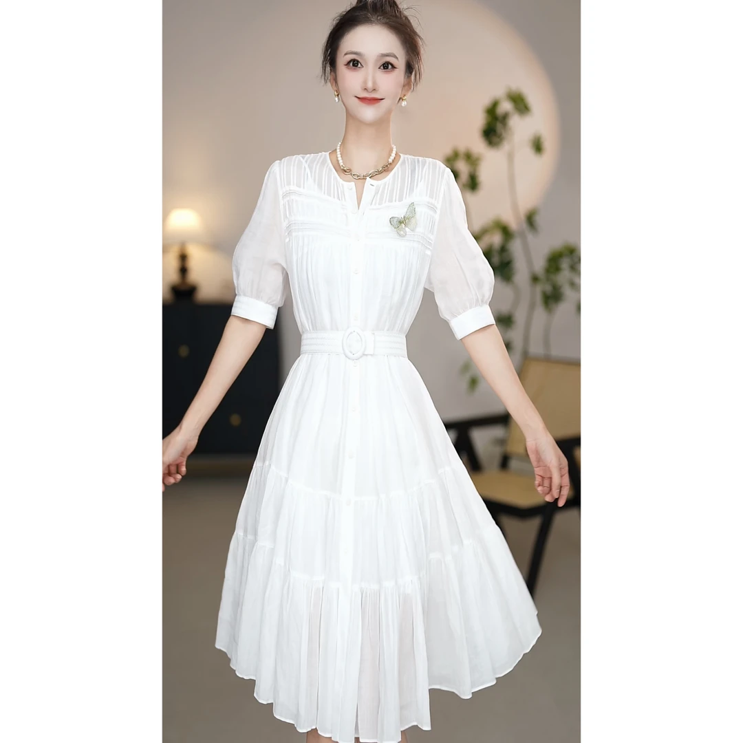 阿玛施【官方正品】苎麻风琴褶/细节灯笼袖/显瘦/连衣裙5500561